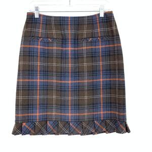 VTG Y2K Cabi Mini Skirt Womens Size 8 Brown Blue Plaid Pleated Hem Wool Blend